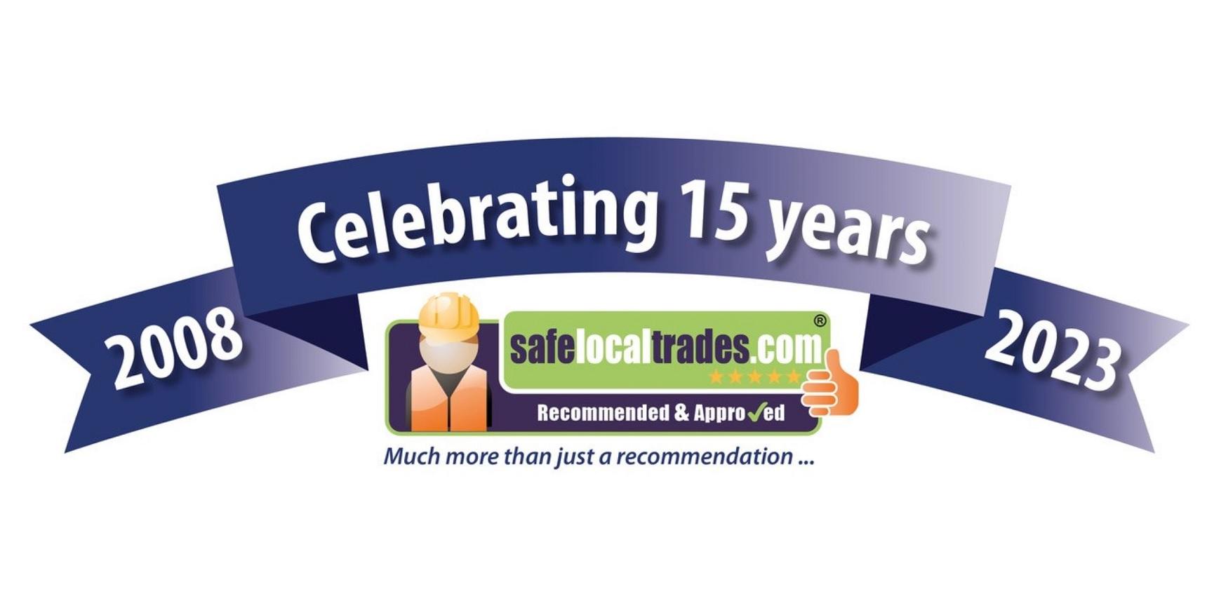 Safe Local Trades 15 year anniversary text banner